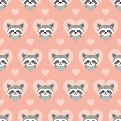 Seamless pattern with raccoon heads and hearts