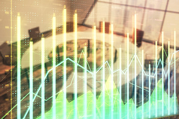 Multi exposure of stock market graph on conference room background. Concept of financial analysis