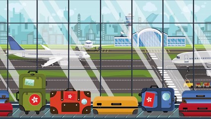 Suitcases with Hong Kong flag stickers on baggage carousel in airport. Tourism related loopable cartoon animation