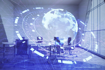 Double exposure of globe hologram on conference room background. Concept of international business