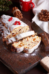 traditional European Stollen cake with nuts and candied fruit