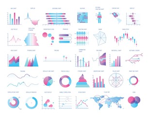 Bundle of charts, diagrams, schemes, graphs, plots of various types. Statistical data and financial information visualization. Modern vector illustration for business presentation, demographic report.