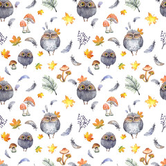Seamless pattern with cute owls, feathers, mushrooms and colorful autumn leaves. Watercolor illustration isolated on white background.