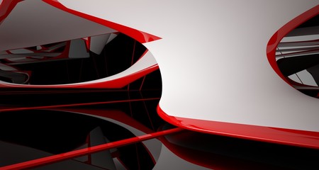 Abstract smooth white and black interior multilevel public space with window. 3D illustration and rendering.