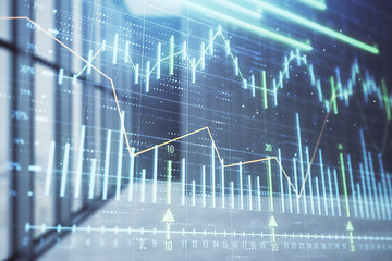 Double exposure of financial chart on empty room interior background. Forex market concept.