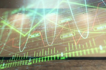 Obraz premium Double exposure of financial graph on empty room interior background. Forex market concept.