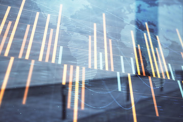 Double exposure of stock market graph and globe hologram on empty exterior background. Concept of analysis
