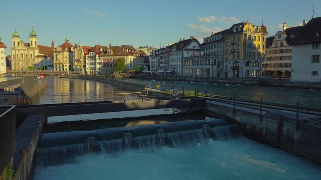 River Reuss in the historic city center of Lucerne, Switzerland. Steadicam shot