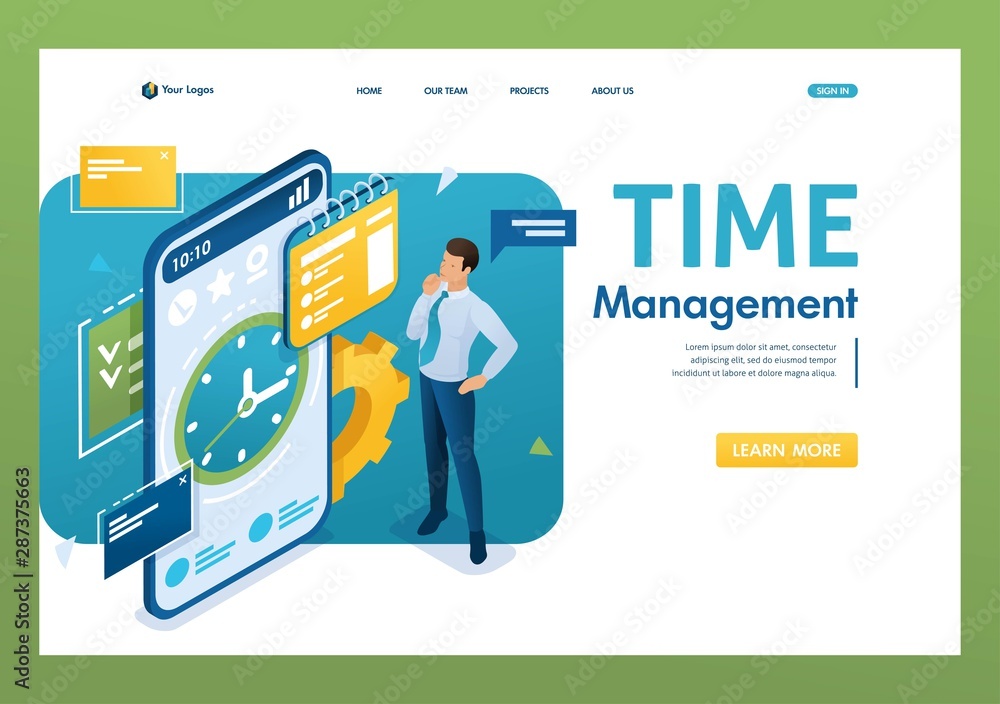 Poster businessman engaged in time management using the application on the smartphone. time management conc