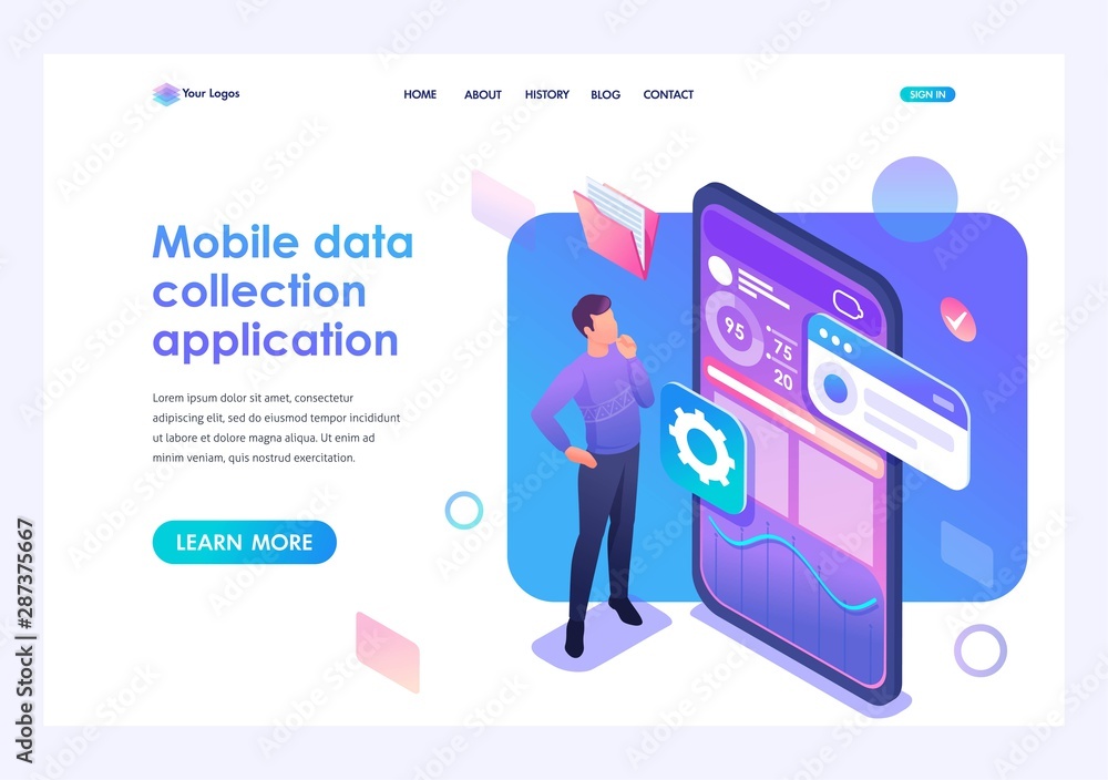 Poster young man is developing a mobile application for data collection. concept of modern technologies. 3d