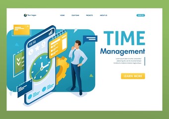 Businessman engaged in time management using the application on the smartphone. Time management concept. 3d isometric. Landing page concepts and web design