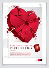 Breakup concept of Broken heart, 3D realistic vector illustration of heart symbol exploding to pieces, flyer or brochure for psychology clinic, consultation and therapy. Creative idea breaking love.