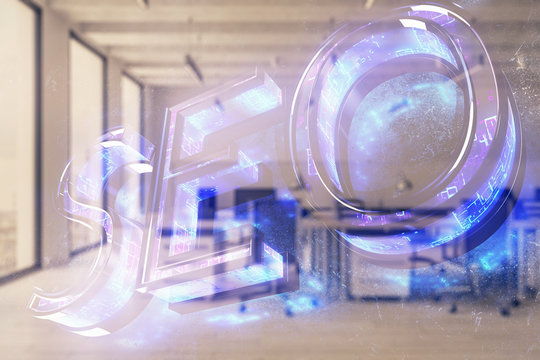 SEO icon hud with office interior on background. Double exposure. Concept of data search