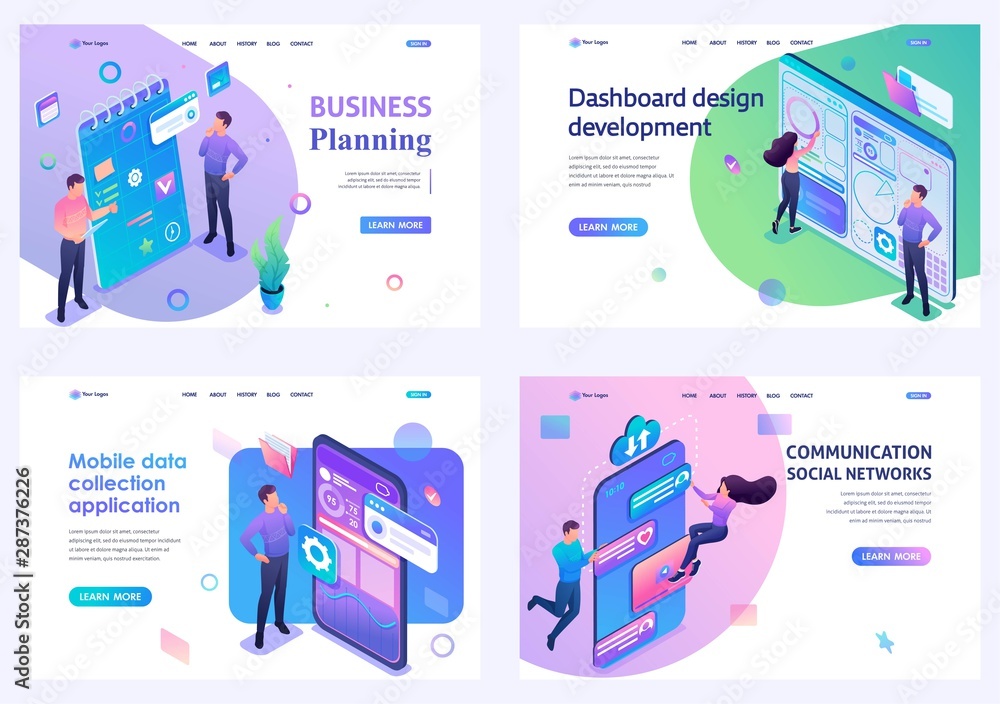 Poster set of isometric concepts.business planning, create dashboard, mobile app, social network. for landi