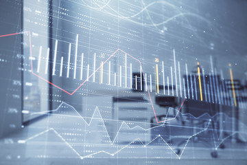 Stock market chart with trading desk bank office interior on background. Double exposure. Concept...