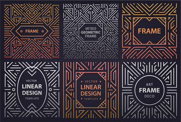Vector set of art deco frames, adges, abstract geometric design templates for luxury products. Linear ornament compositions, vintage. Use for packaging, branding, decoration, etc.