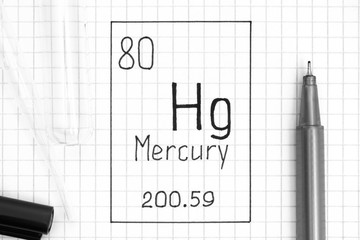 The Periodic table of elements. Handwriting chemical element Mercury Hg with black pen, test tube and pipette.