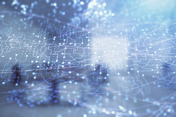 Technology theme drawing with office interior on background. Multi exposure. Concept of innovation