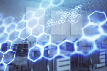 Technology theme drawing with office interior on background. Multi exposure. Concept of innovation