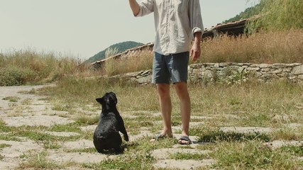 Man plays with french bulldog outside in park