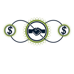 Successful Business creative logo, handshake agreement sign, vector conceptual symbol isolated on white background. Special and unique sign.