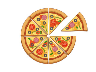 Top wiev vector pizza. Eight slices of pizza isolated on white