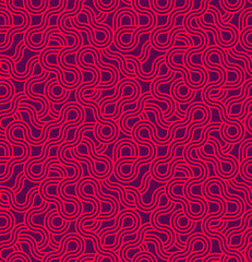 Seamless linear vector geometric minimalistic pattern, abstract lines tiling background, stripy weaving, optical maze, twisted stripes. Red color design.