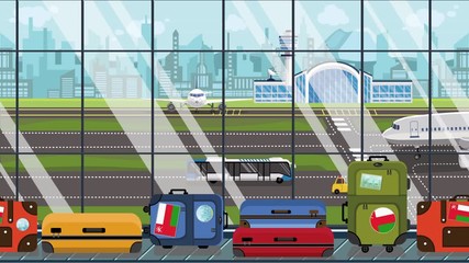 Suitcases with Oman flag stickers on baggage carousel in airport. Omani tourism conceptual loopable cartoon animation