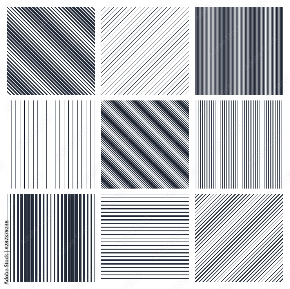 Poster geometric parallel lines seamless patterns set, abstract minimalistic and simple lined backgrounds, 
