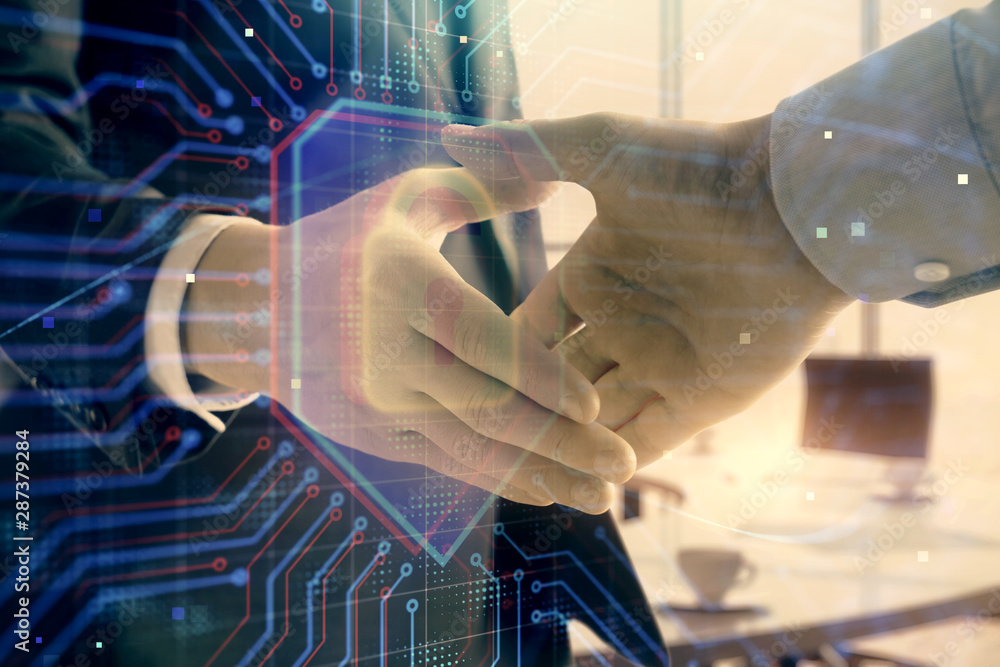 Poster double exposure of lock icon hologram on office background with two men handshake. concept of data s