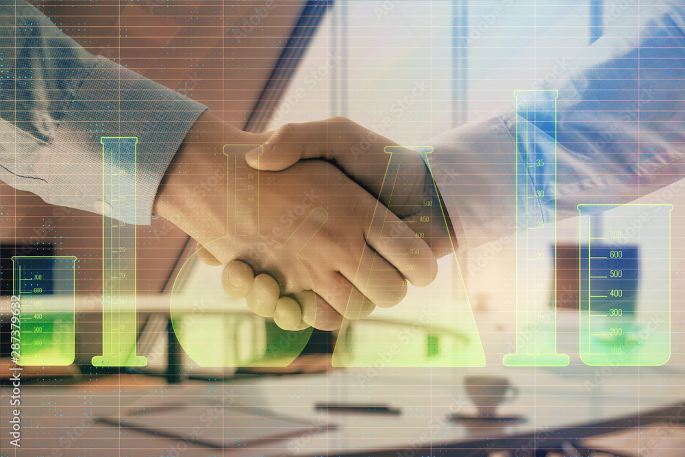 Poster multi exposure of flasks icon hologram on office background with two men handshake. concept of educa