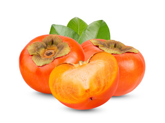 ripe persimmons  with leaf isolated on white background.