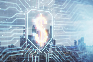 Double exposure of business drawing hologram on cityscape background.