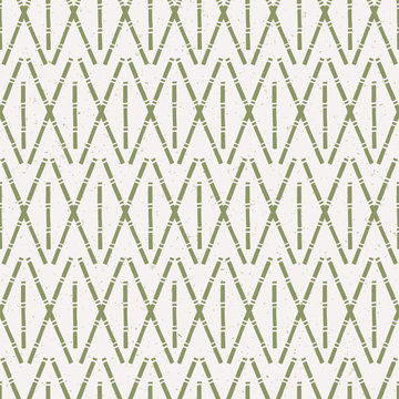 Hand made bamboo stem seamless pattern. Japanese abstract geo botanical . Soft grass green neutral tones. All over recycled print for asian homedecor, fashion. Vector swatch repeat.