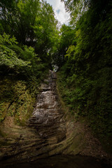 Fototapeta na wymiar 森の中の岩肌を流れる滝