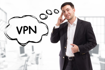 Business, technology, internet and network concept. The young businessman comes up with the keyword: VPN