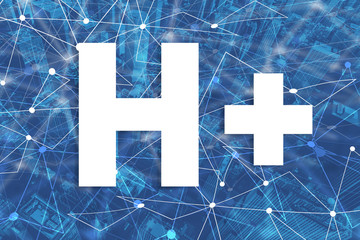 Humanity Plus concept with neural network connectivity gradient city background