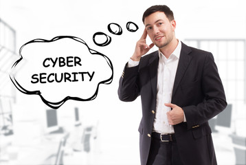 Business, technology, internet and network concept. The young businessman comes up with the keyword: Cyber security