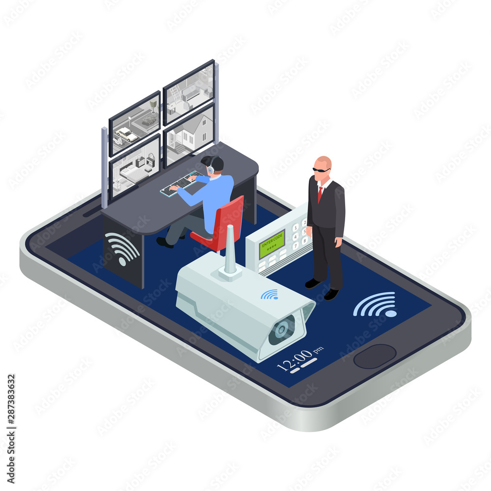 Poster wifi connect mobile security system isometric vector concept. security cctv network wireless use sma