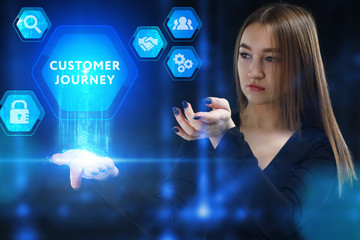 The concept of business, technology, the Internet and the network. A young entrepreneur working on a virtual screen of the future and sees the inscription: Customer journey