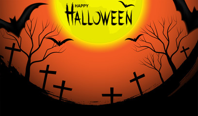 Happy Halloween. Design with moon and bats on orange sky background. vector.