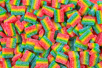 Rainbow juicy gummy candies background. Top view. Jelly  sweets.