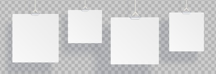 White realistic blank vector isolated on transparent background. Ads banners hanging on ropes. Realistic banner hang, advertising empty signboard illustration