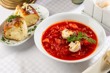 Portion of red russian soup, borsch