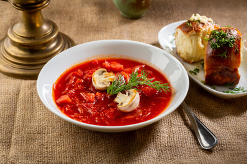 Portion of red cabbage russian soup, borsch