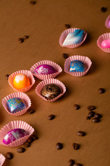 Chocolate Candy set top view and coffee beans