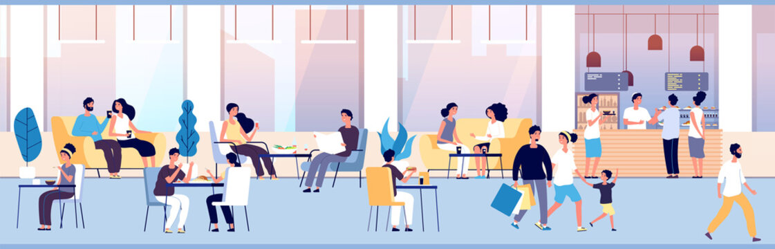 People in restaurant. Guys eating at dinner table in cafe. Teenagers snacking meal in food court, cafeteria interior vector concept. Illustration restaurant dinner, cafe with people have lunch
