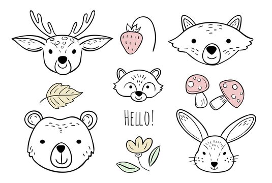 Doodle animals head. Nursery scandinavian style vector design elements. Animal baby doodle character, wildlife childish deer, fox and rabbit illustration