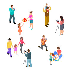 Family photo shoot. Isometric parents with children and professional photographers. Vector professional photo session illustration. Family photographer, mother father and kid