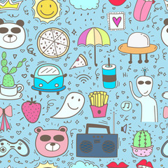 Doodle Cartoon Seamless Pattern Background For Kid. Vector illustration for fabric and gift wrap paper design.